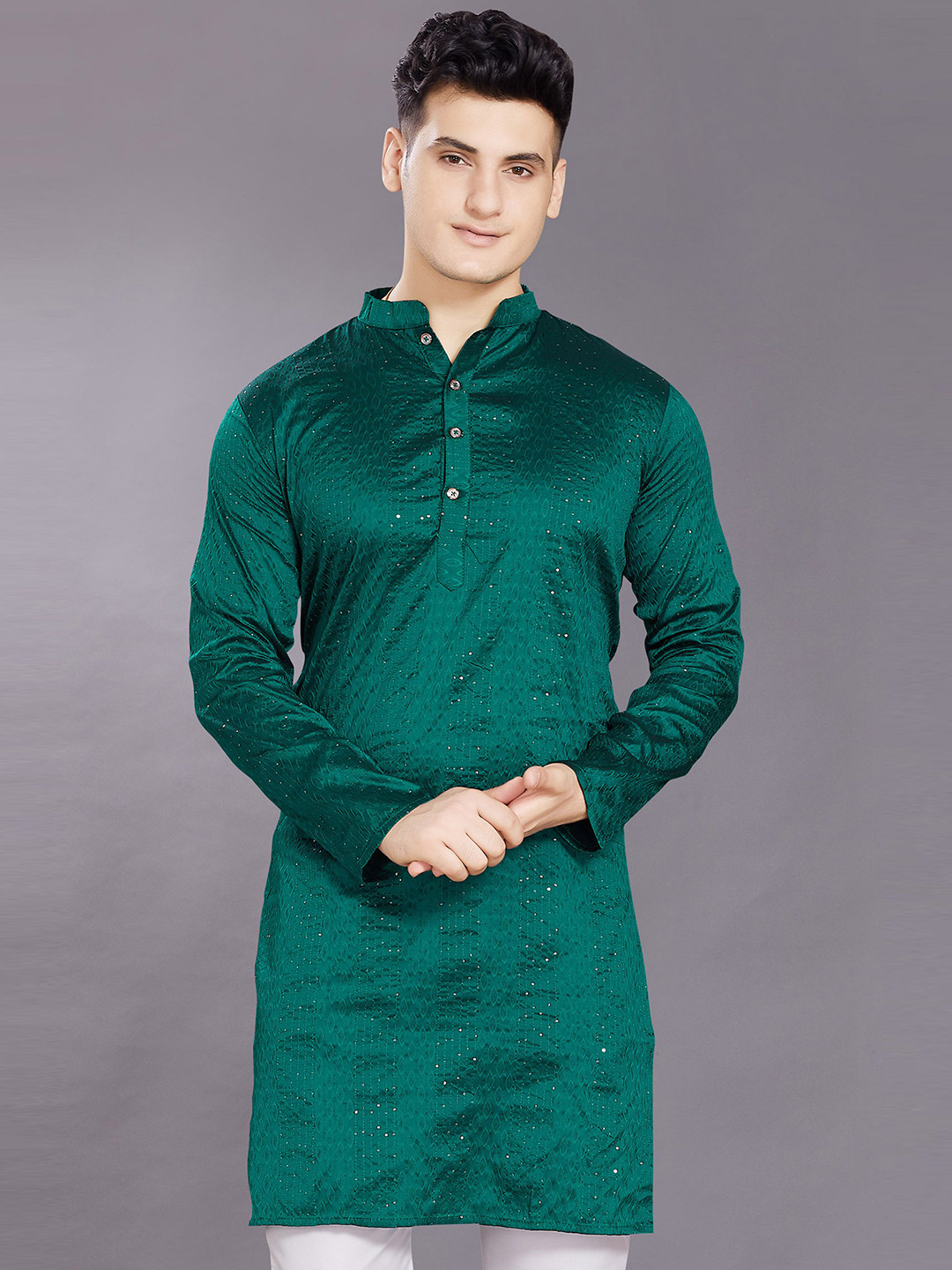 PulseIQ Men Woven DesignThread Work Jacquard Kurta
