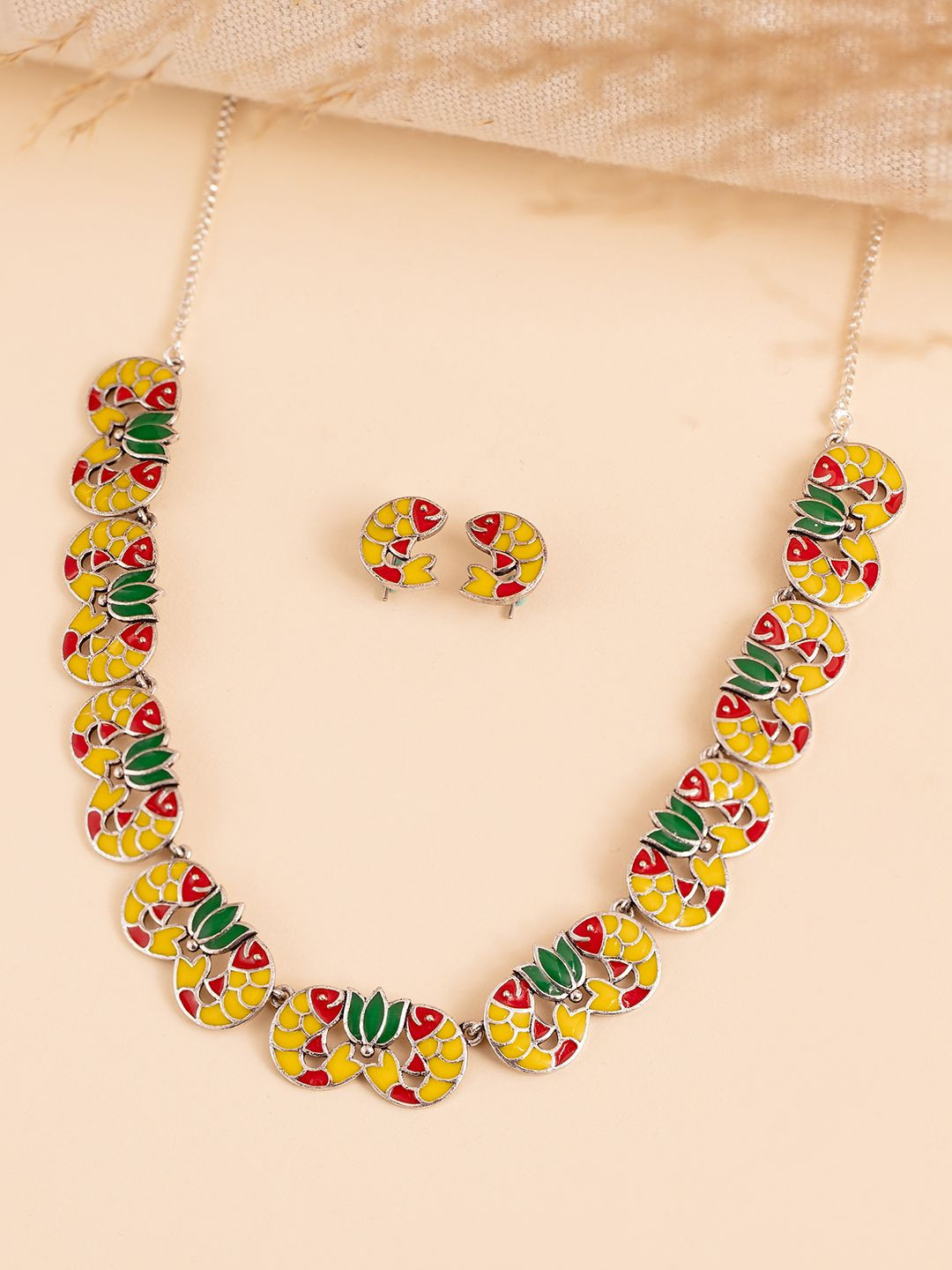 Voylla Madhubani Kamala Katha Oxidised Enamel Necklace Set