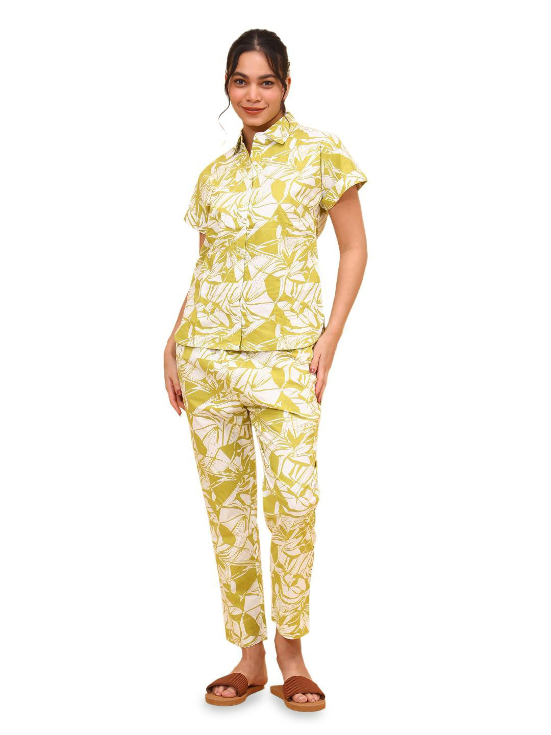 YELLOW BLOOM Printed Pure Cotton Shirt & Trousers Night Suits