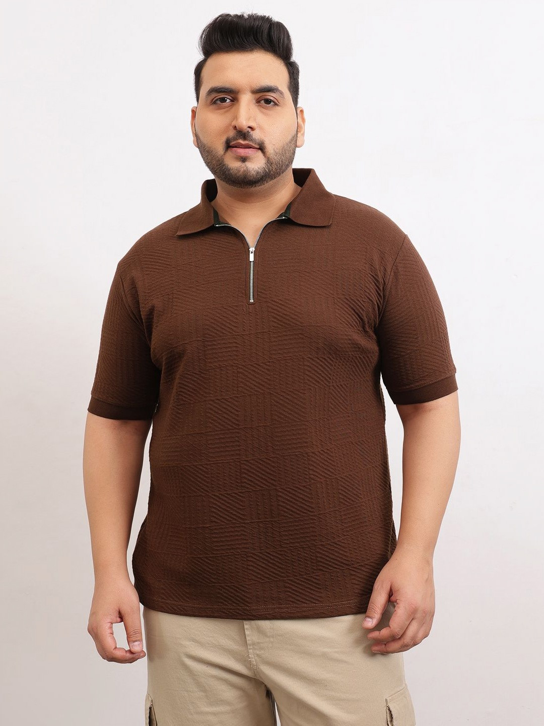 UNSTD Men Plus Size Zipper Textured Polo T-Shirt