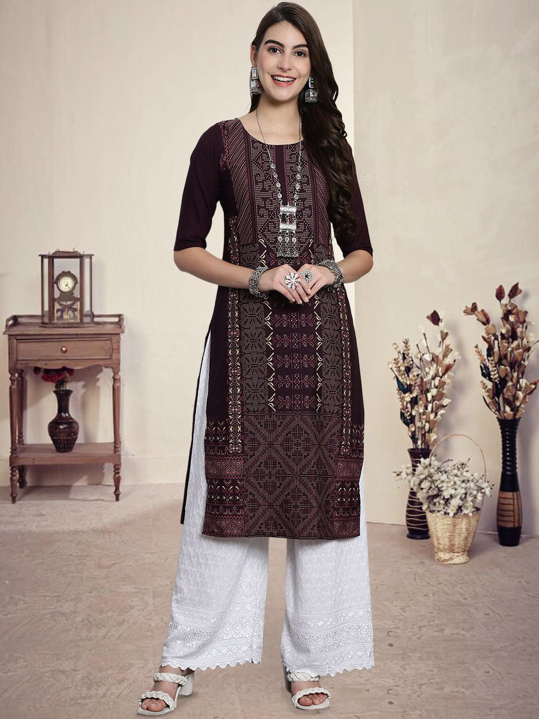 HERE&NOW Geometric Printed Round Neck Straight Kurta
