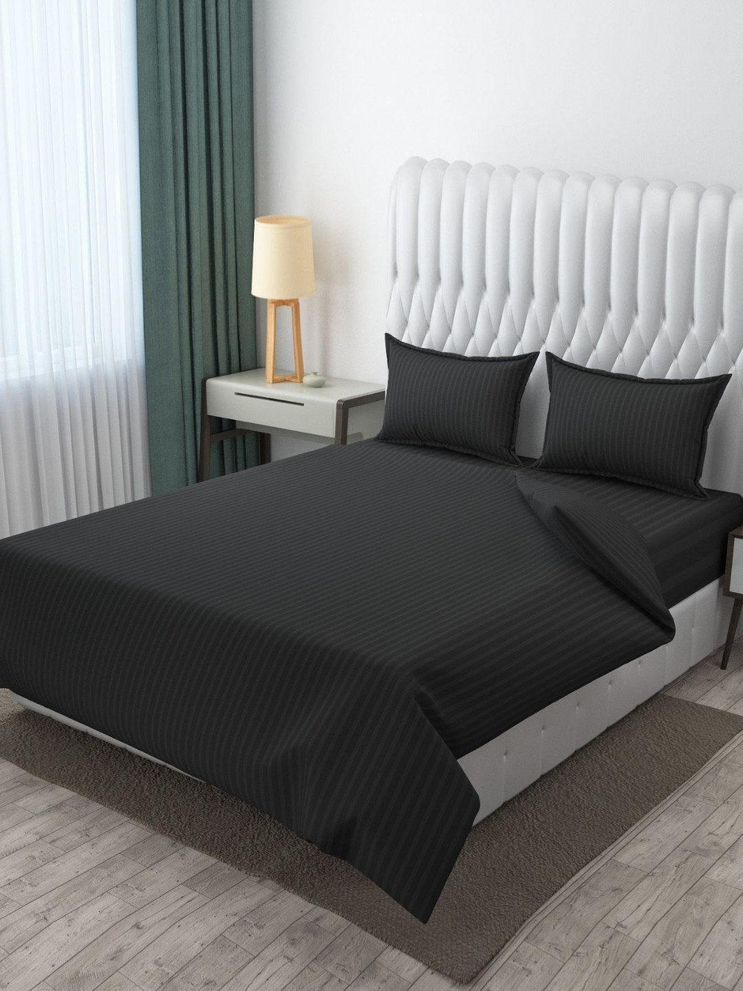 MOGNE FAB Grey Striped Poly Satin 210 TC King Fine Bedsheet with 2 Pillow Covers-90 x 100 inches