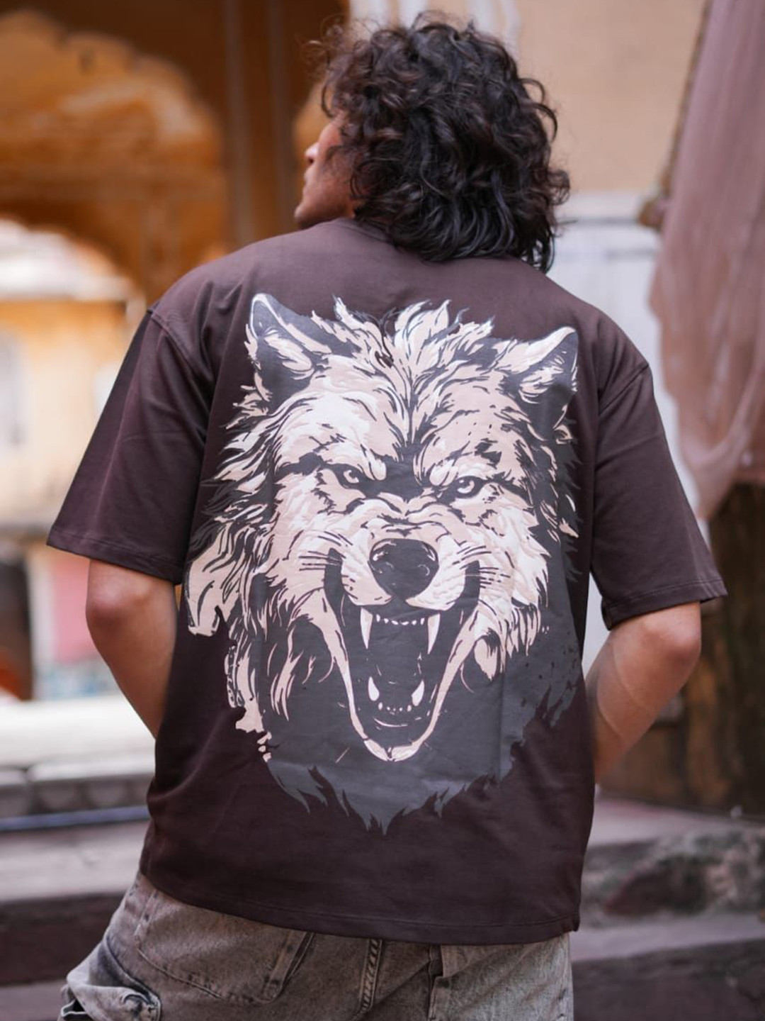 Men's Brown Graphic Oversized T-shirt with Drop-Shoulder Sleeves