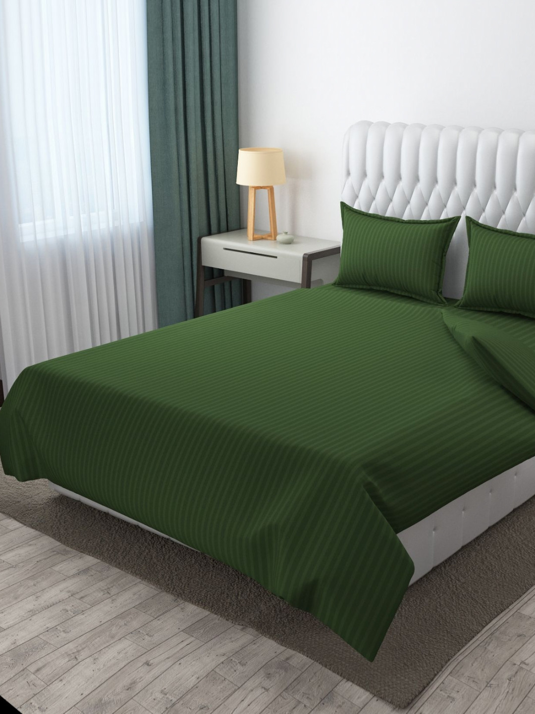 MOGNE FAB Green Striped Satin 210 TC King Fine Bedsheet with 2 Pillow Covers-90 x 100 inches