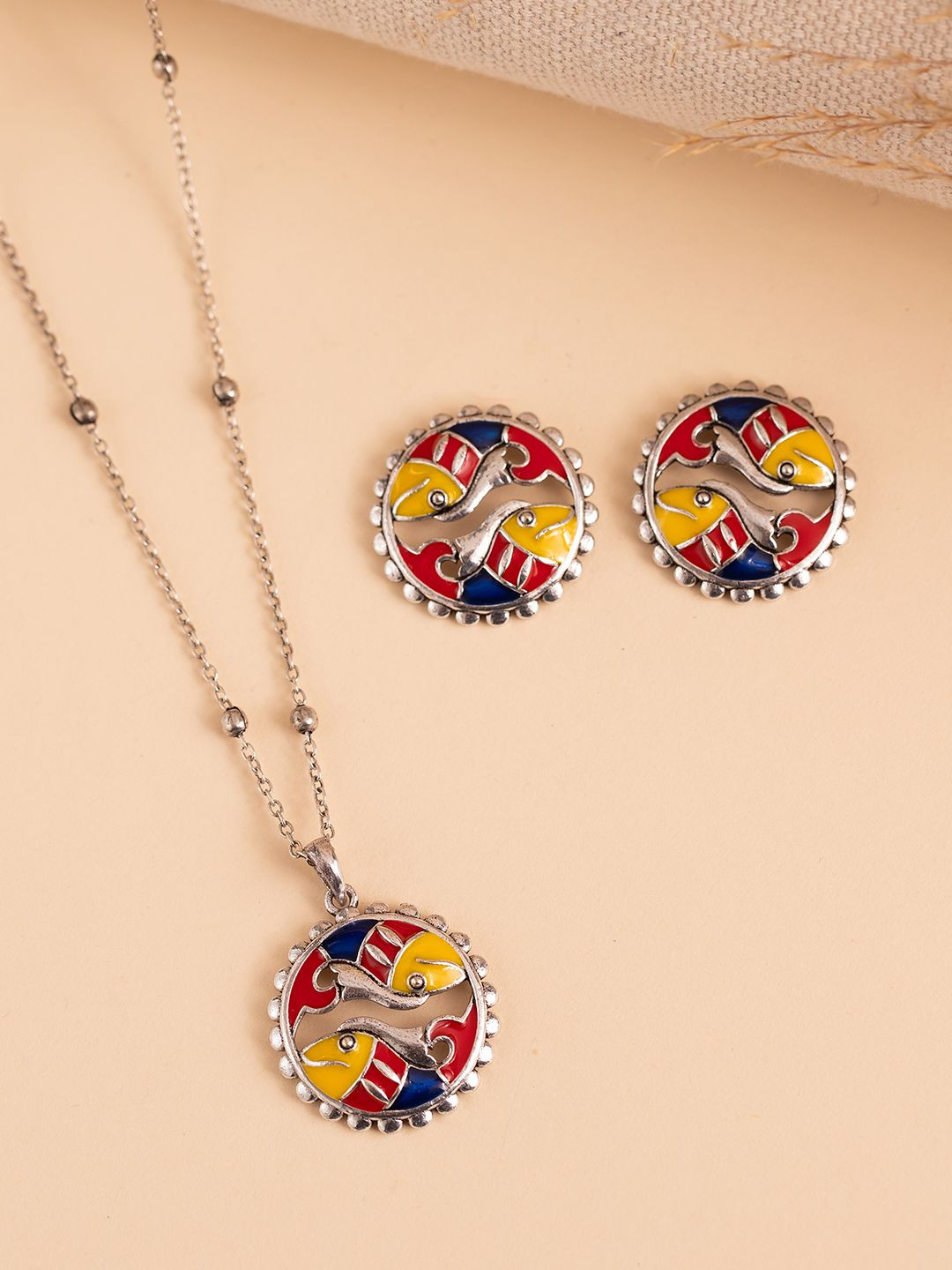 Voylla Madhubani Madhur Matsya Oxidised Enamel Pendant Set