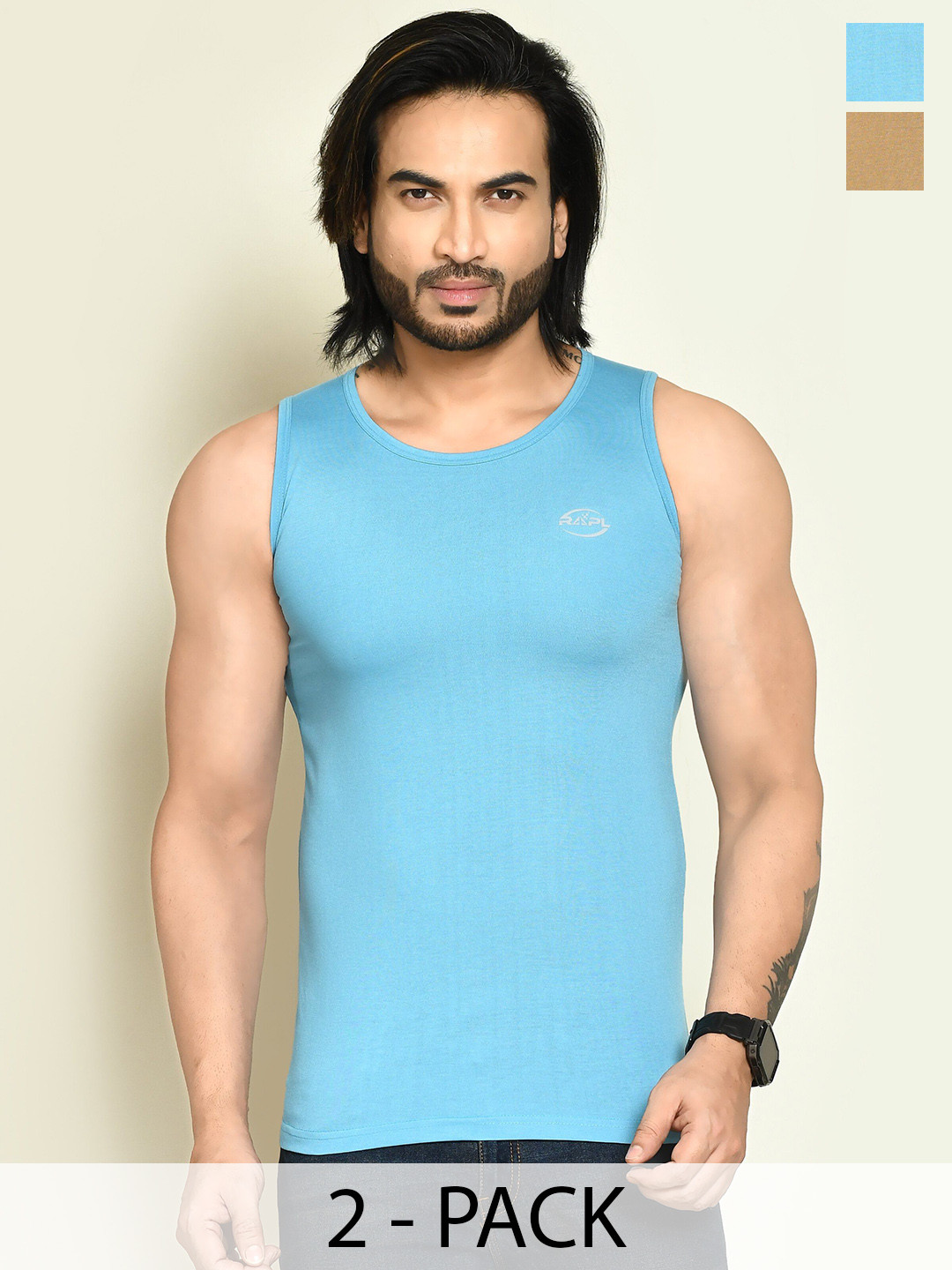 RAPL Pack Of 2 Round Neck Tank Vests M_SDP2_Kh-Sky_S