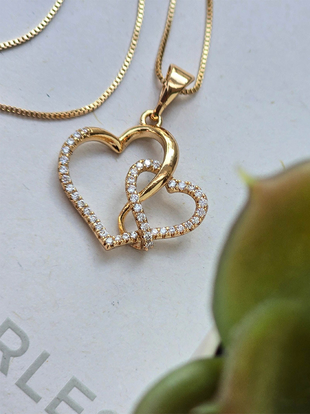 DKane Designs Stainless Steel Gold-Plated AD Studded Double Love Heart Shaped Pendant