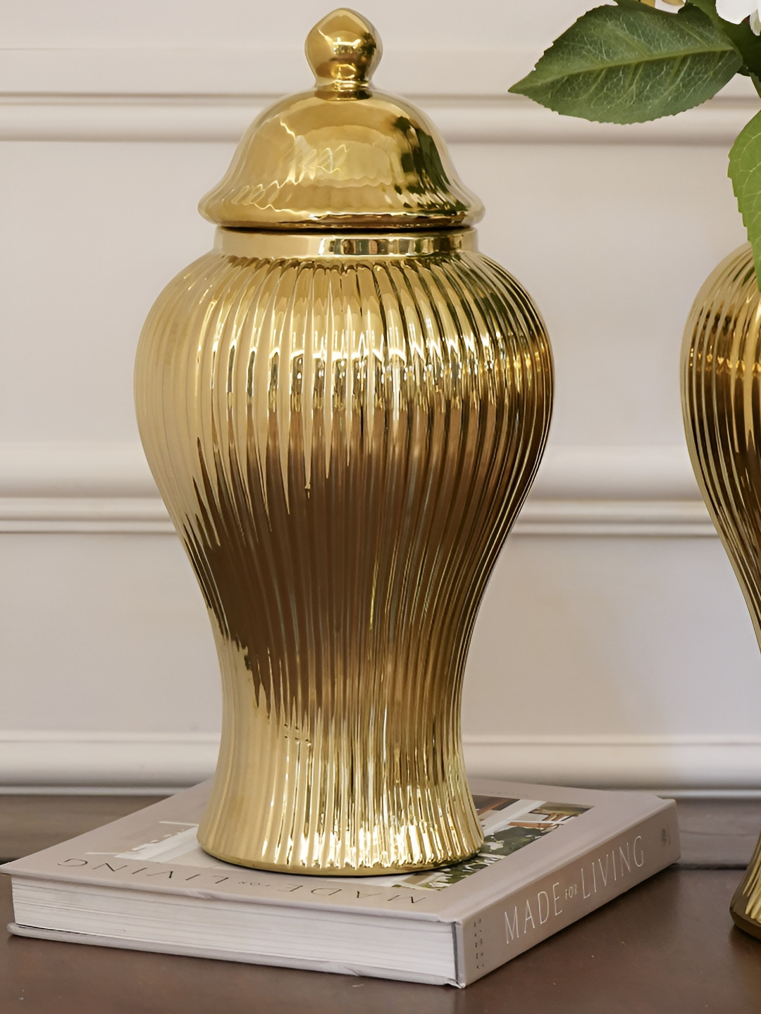 RCASA Yellow Fluted Ceramic Urn Small Vase With Lid