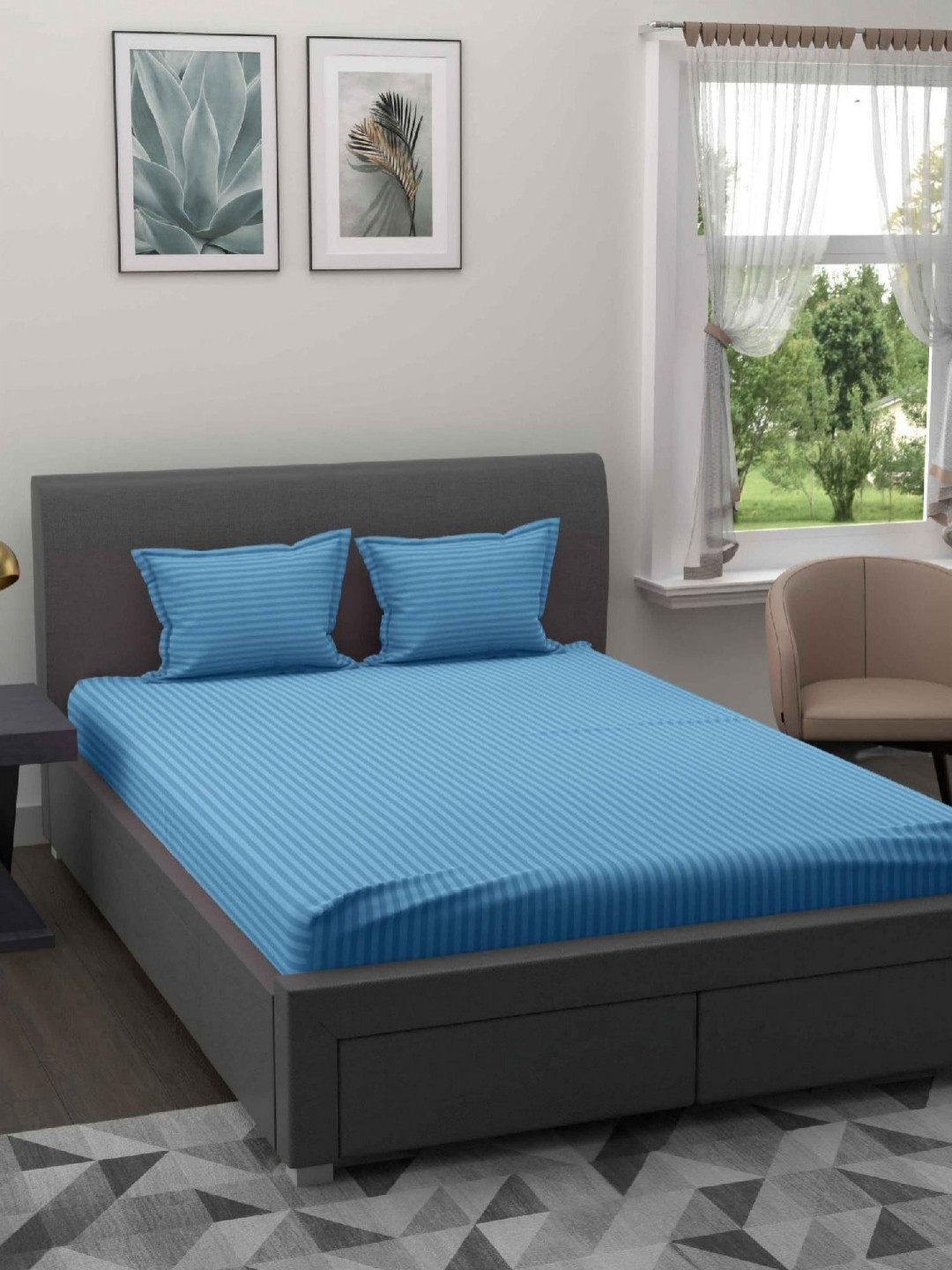 Aura Navy Striped Cotton 180 TC King Bedsheet Set 2.70 m x 2.25 m