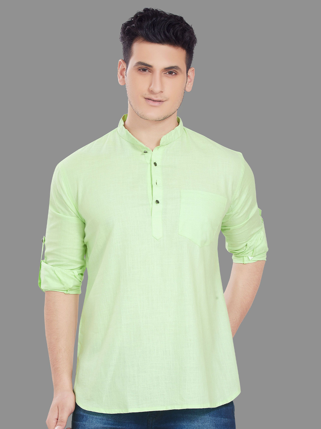 PulseIQ Men Mandarin Collar Pure Cotton Relaxed Fit Short Kurta