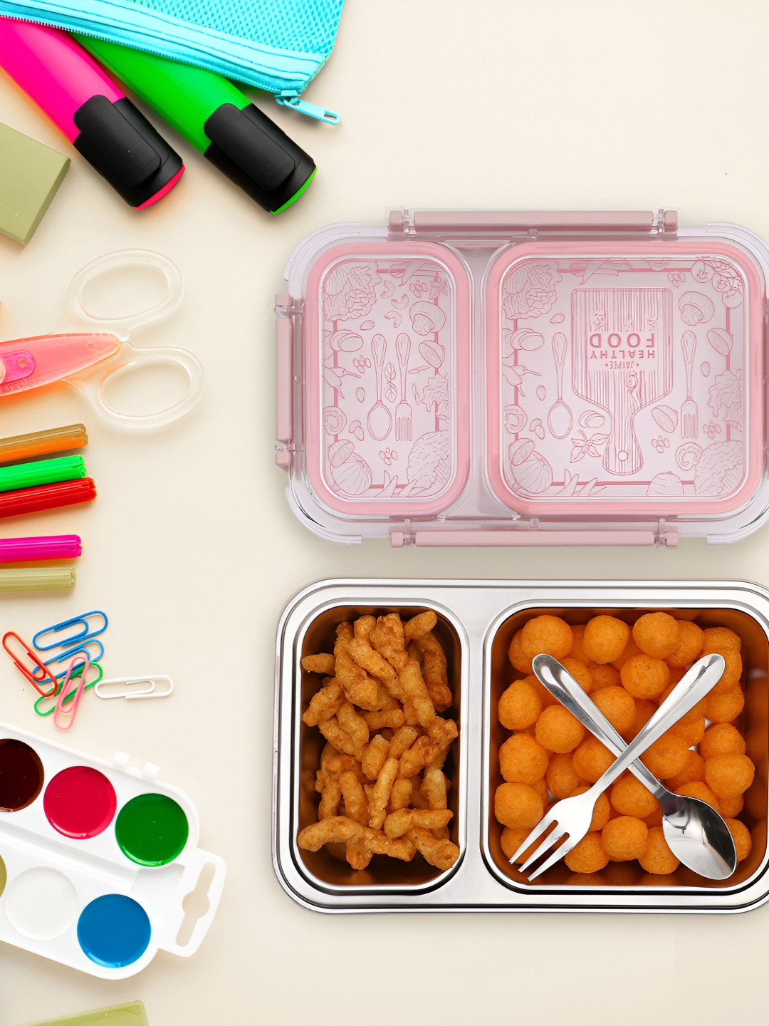 JAYPEE STEELOX Pink Solid Plastic Rust Proof 1PCs Lunch Box With Spoon and Fork