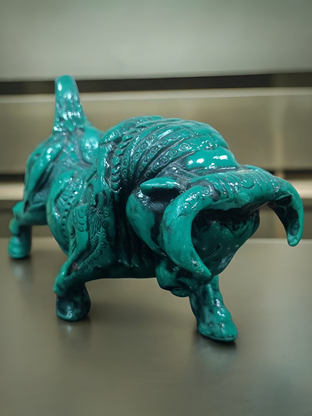 GLOBAL AROMA Head Down Bull Green Polyresin Glossy Living Room Small Showpiece - 4.3 Inches