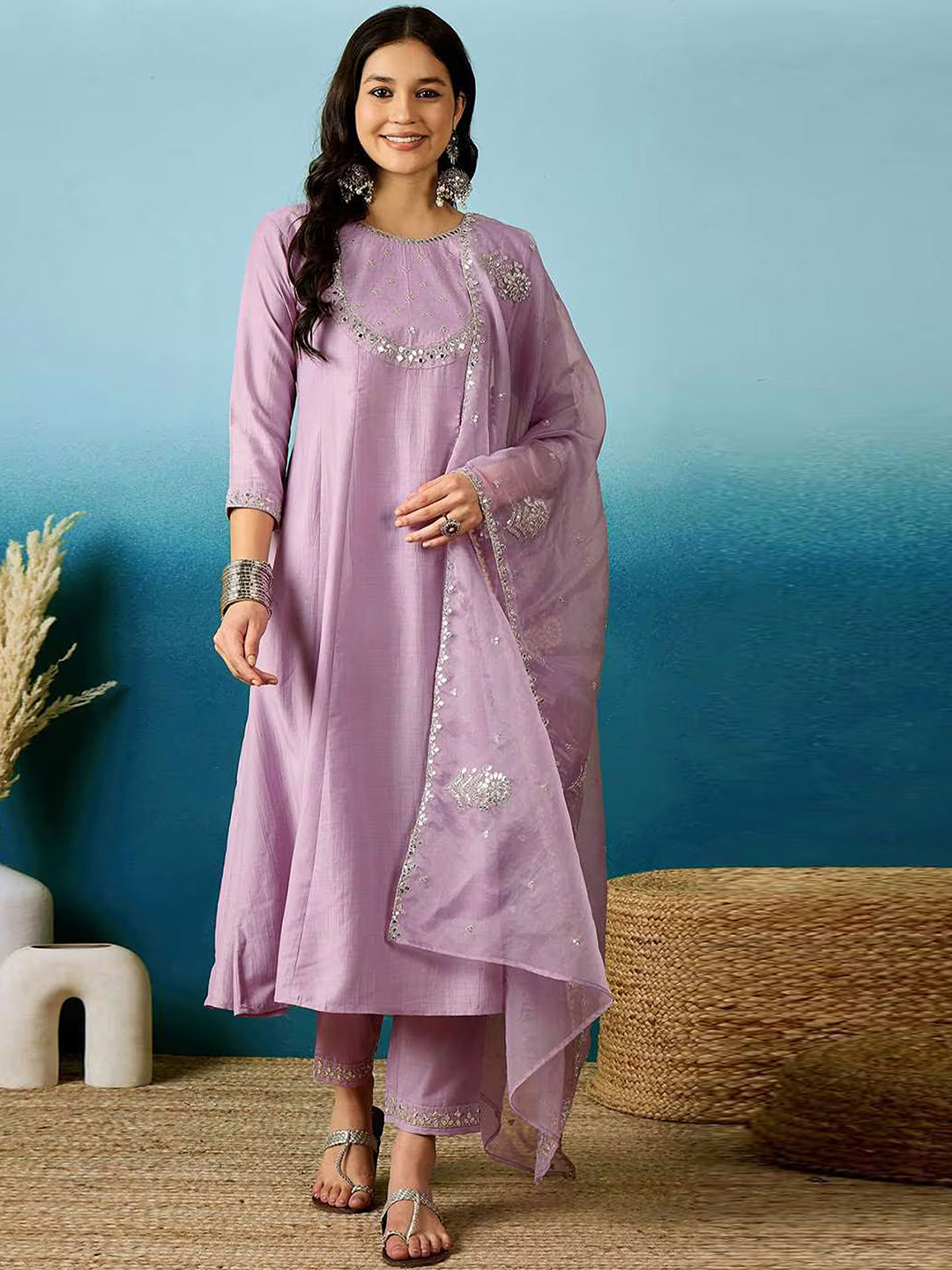 Ekta Textiles Floral Yoke Design Panelled Sequinned A-Line Kurta With Trousers & Dupatta