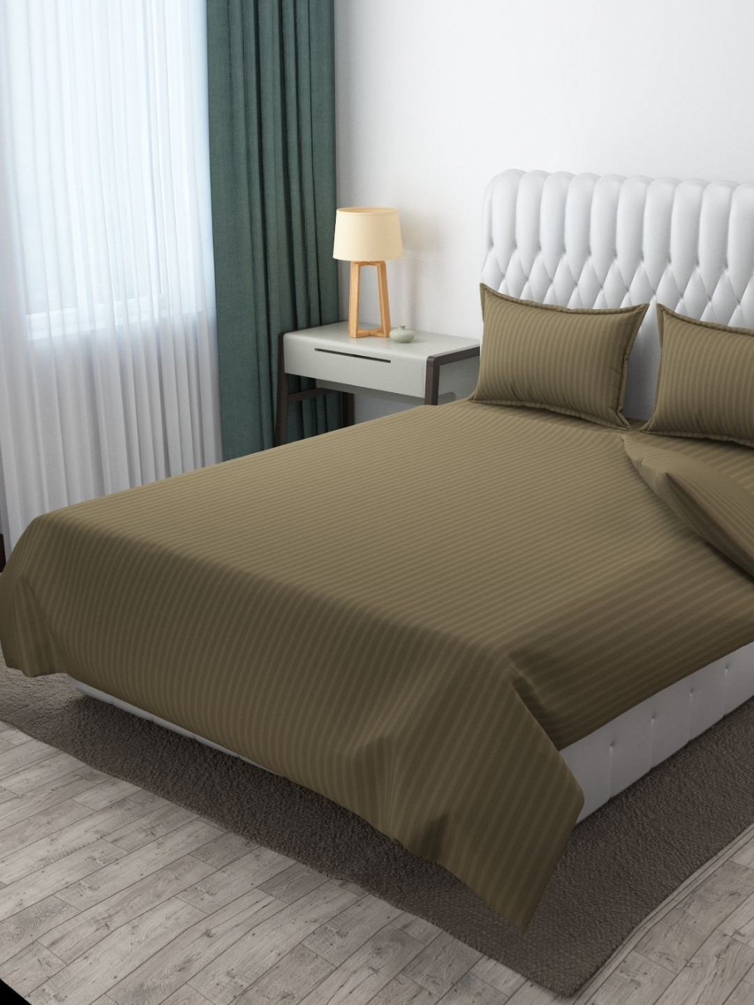 MOGNE FAB Olive Striped Poly Satin 210 TC King Fine Bedsheet with 2 Pillow Covers-90 x 100 inches