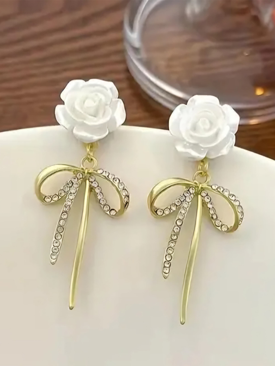 Brijsun Gold Plated Cute Floral & Bow Hanging Korean Contemporary Drop Earrings