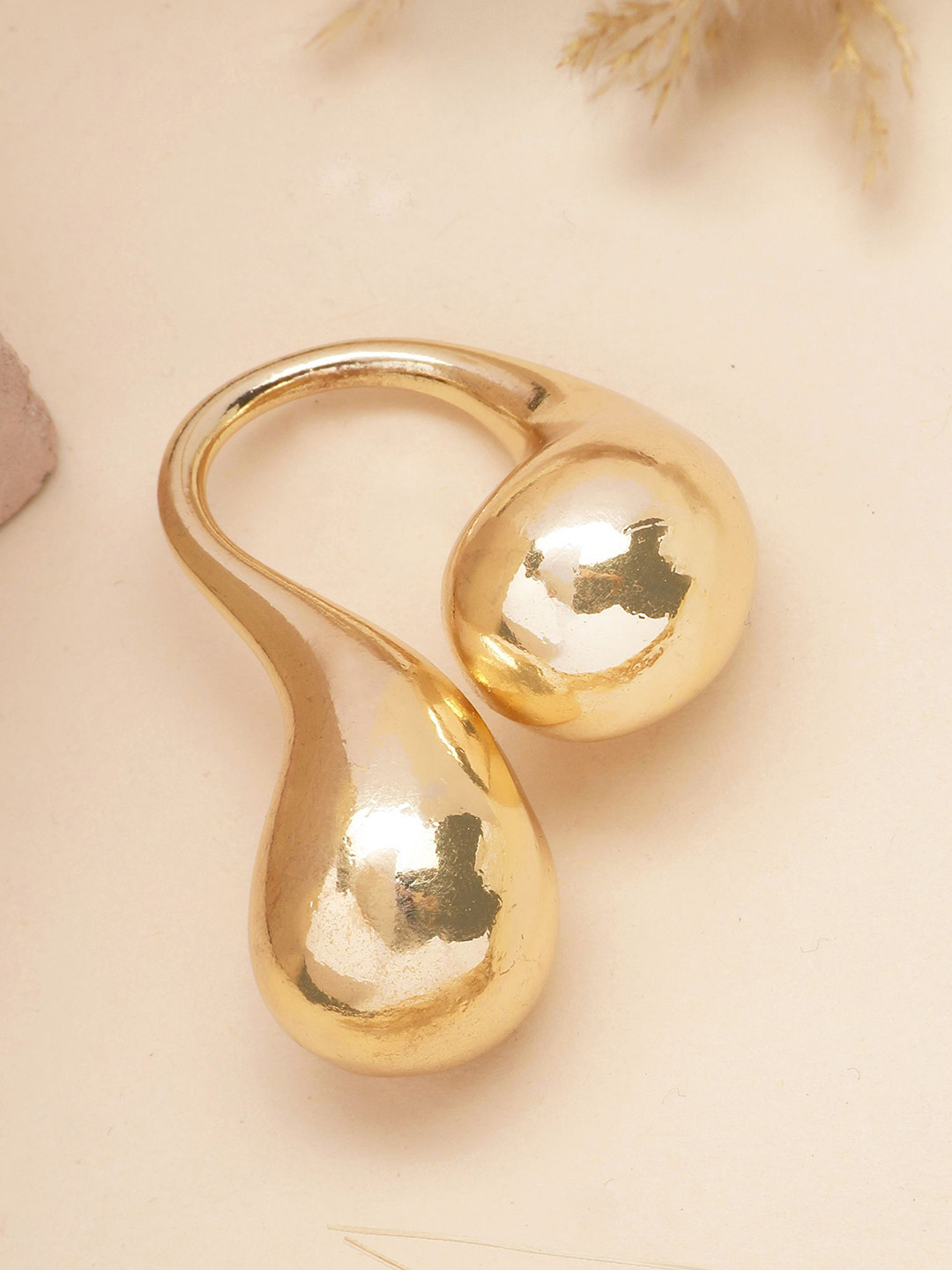 Bohey by KARATCART Gold Plated Modern Art-Inspired Dual Teardrop Adjustable Finger Ring