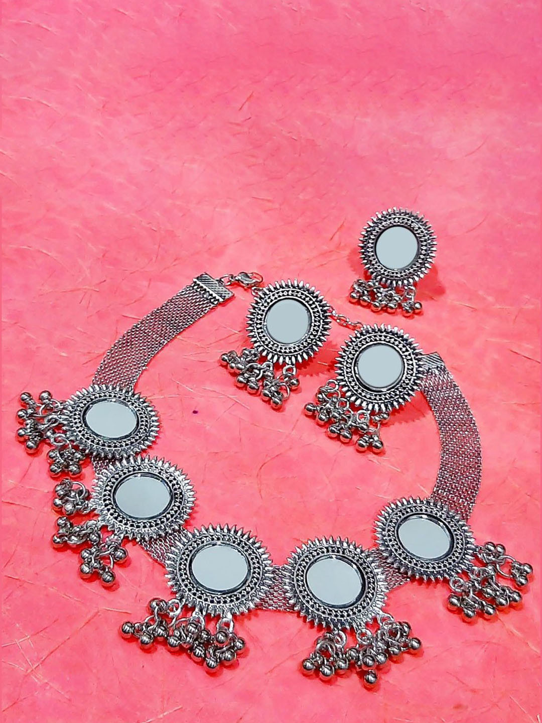 Sangria Oxidised Mirror Jewellery Set