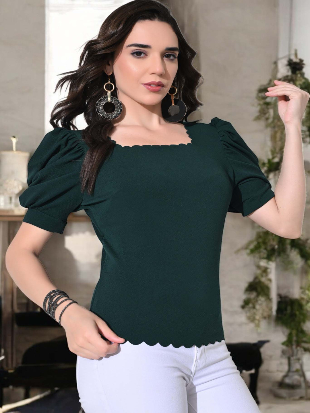 CORSICA Women Solid Puff Sleeve Laser Cut Top