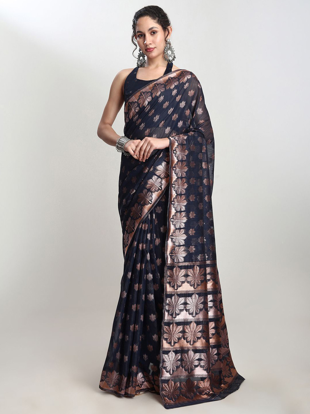 Janasya Women Indigo Linen Blend Floral Woven Design Jacquard Saree