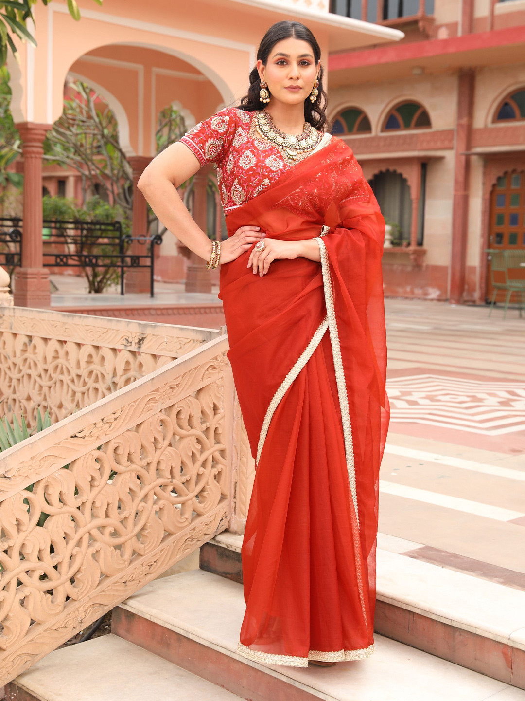 The Front Solid Row Beads and Stones Embellished Border Organza Saree