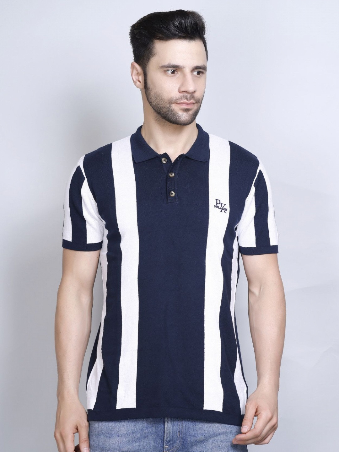 PULAKIN Striped Colourblocked Short Sleeves Polo Collar Cotton T-shirt