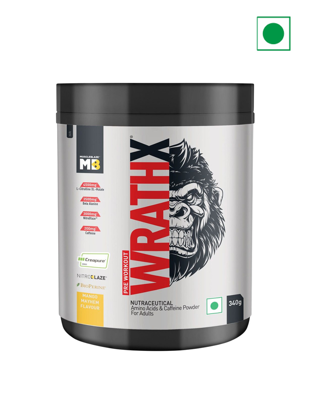 MuscleBlaze Pre Workout WrathX With Creapure & Nitroblaze - 340 g - Mango Mayhem