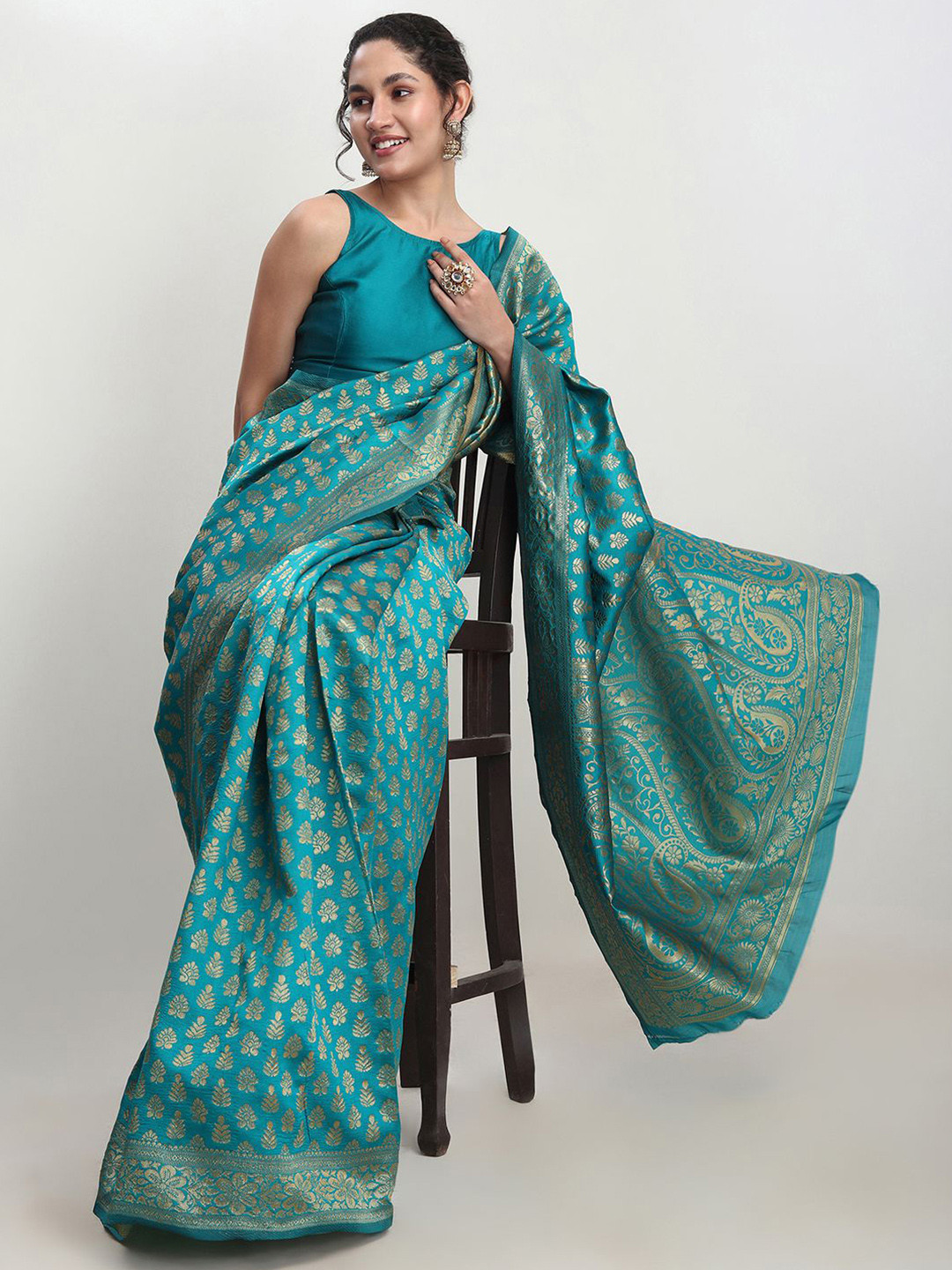 Janasya Women Turquoise Silk Blend Ethnic Motifs Woven Design Jacquard Saree