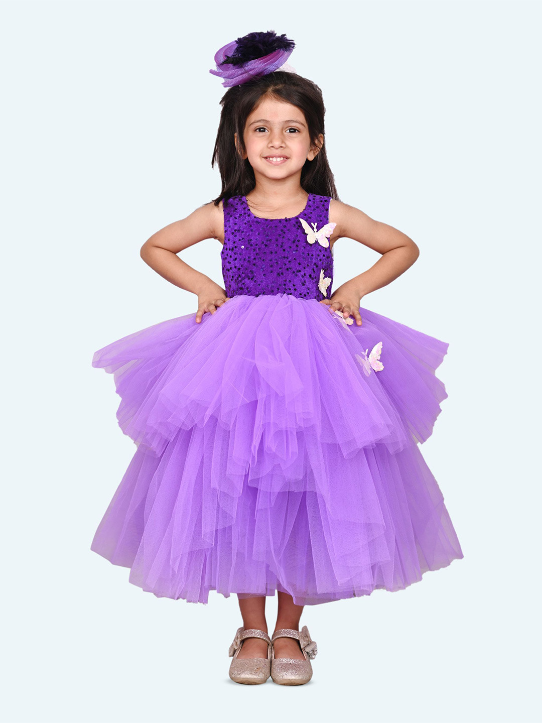 Modish Kids-Girls Net Gathered or Pleated Fit & Flare Knee Length Dress
