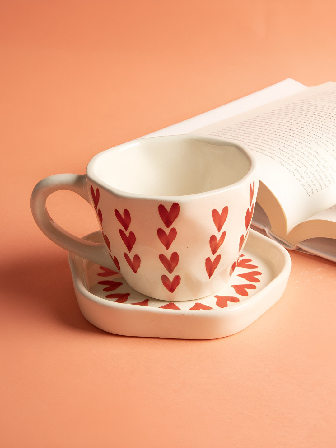THE WHITE SPACE LIVING White & Red Heart Printed Ceramic Mug & Saucer Set-300ml