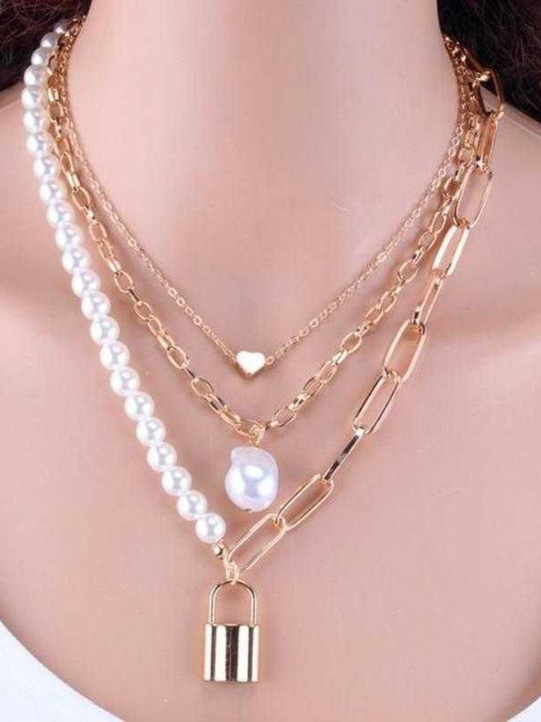 Bling Queen Stainless Steel Triple Layered Pearls Beaded Lock & Heart Shaped Boho Necklace