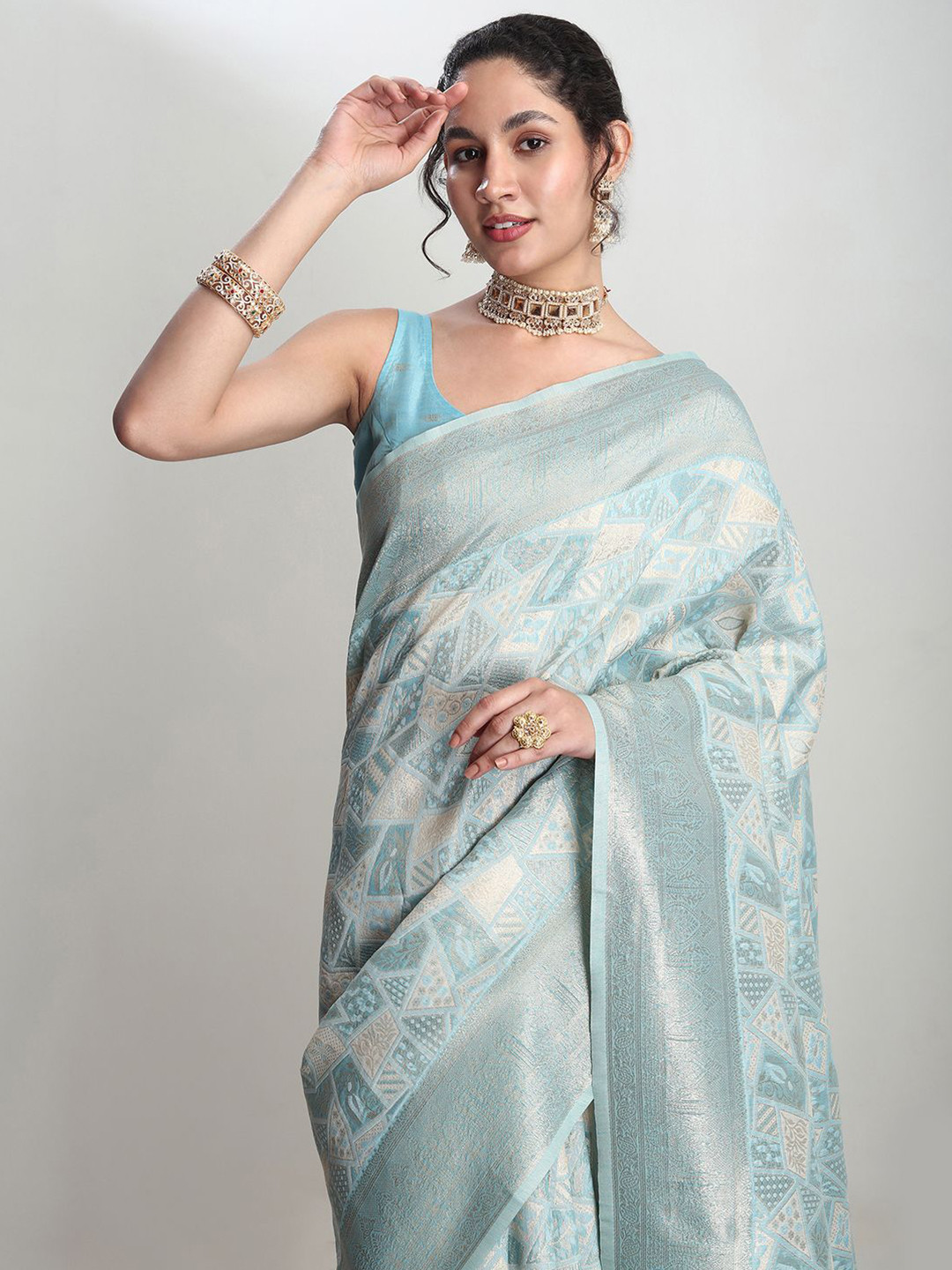 Janasya Women Sky Blue Silk Blend Geometric Woven Design Jacquard Saree