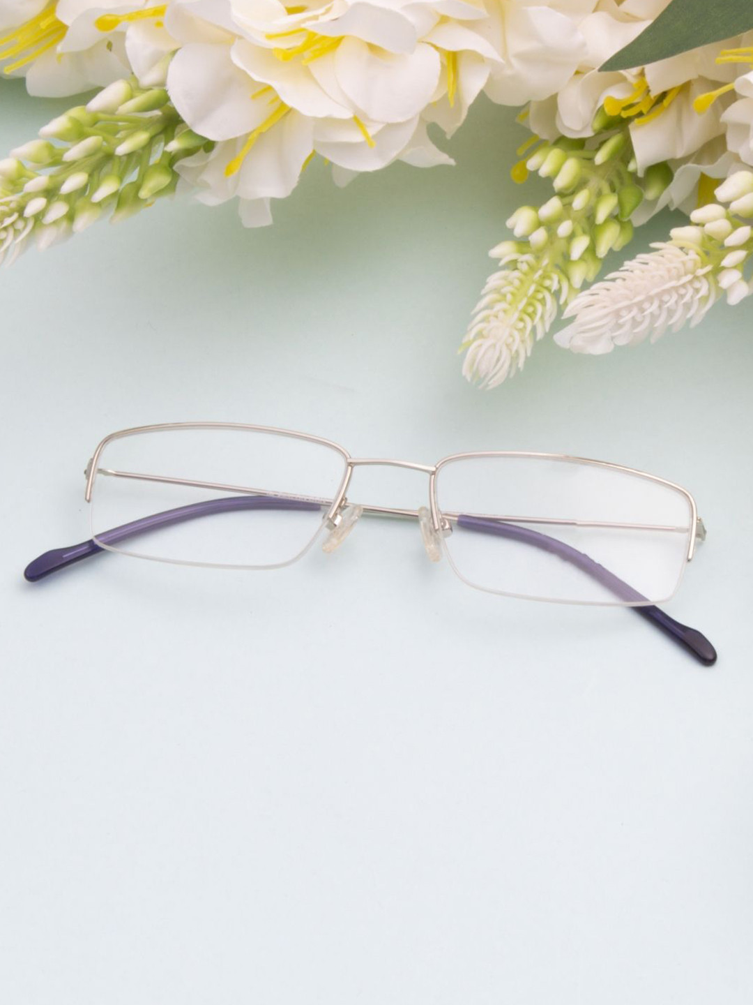 Ted Smith Unisex Metal Rectangle Silver Half Rim Frames
