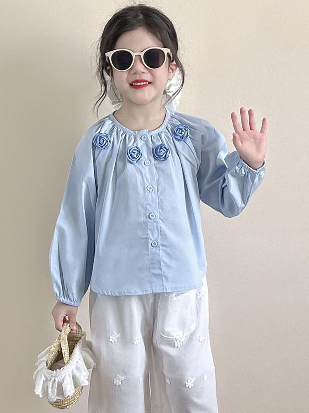 LULU & SKY Girls Regular Fit Applique Detail Collarless Shirt