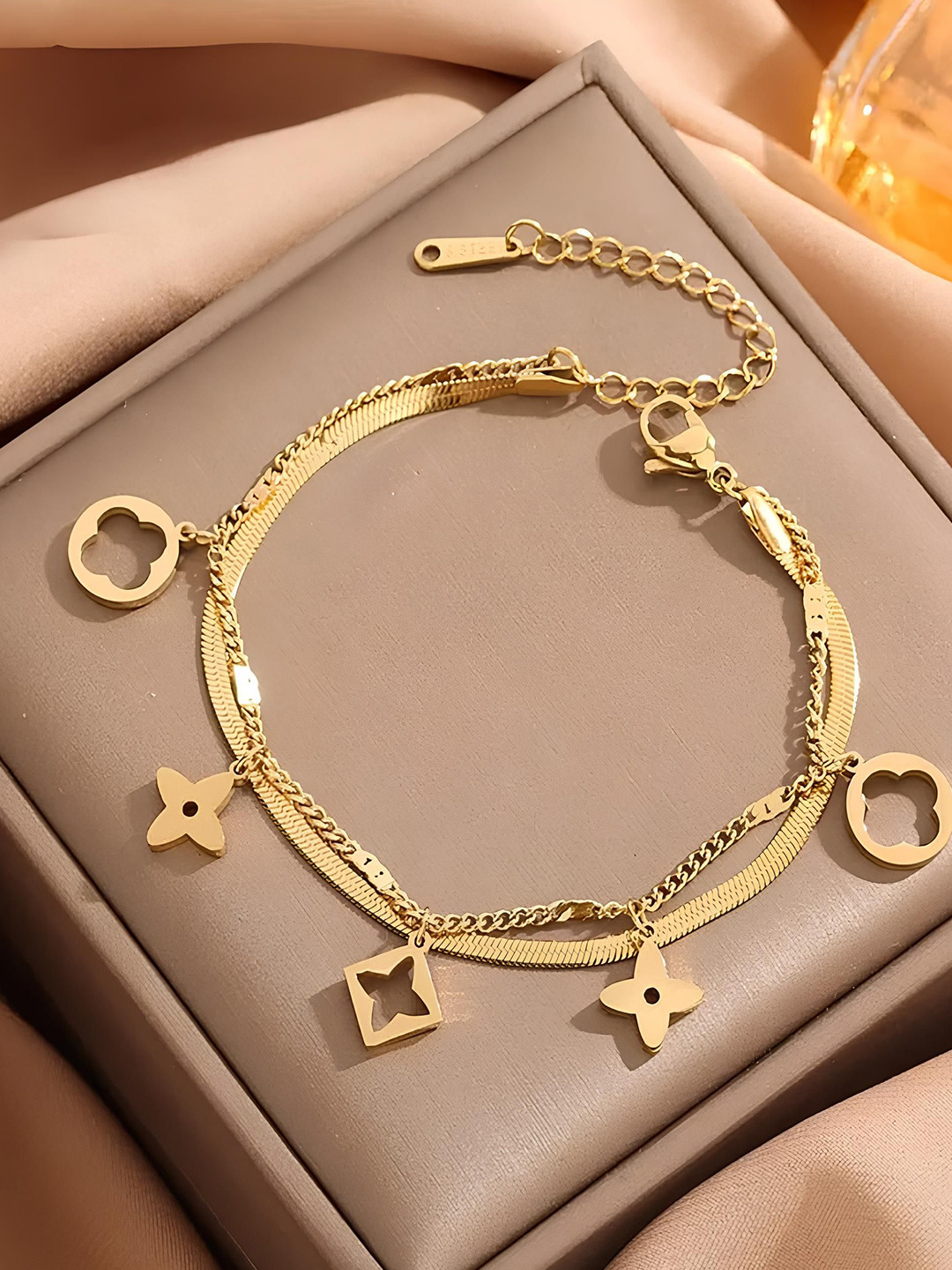 KARISHMA KREATIONS 18K Gold-Plated Stainless Steel Double-Layer Flower Charm Bracelet