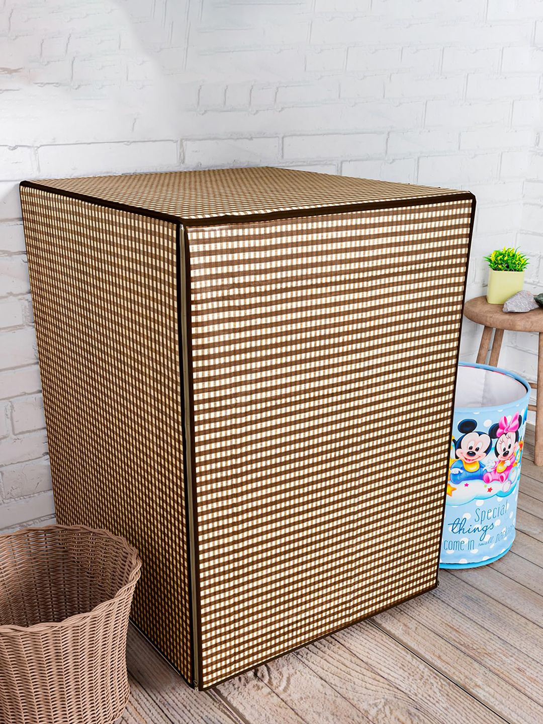 Kuber Industries Brown & White Mini Check Print Washing Machine Cover