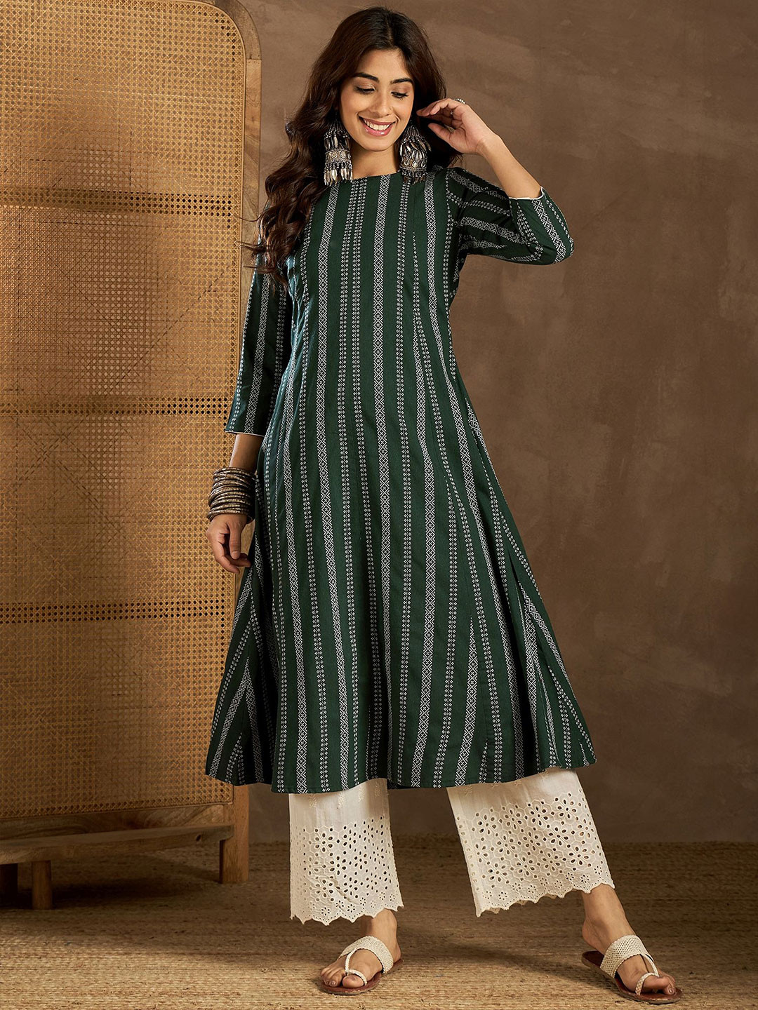 Inddus Geometric Woven Design Cotton A-Line Kurta