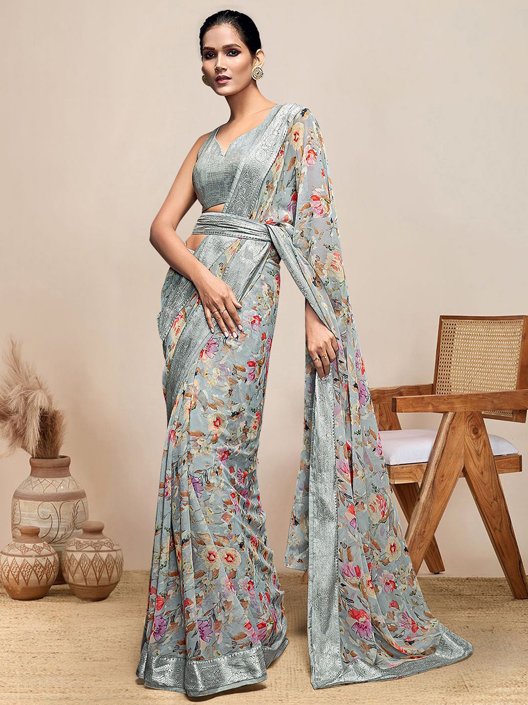 Sangria Banarasi Printed Saree With Blouse Piece