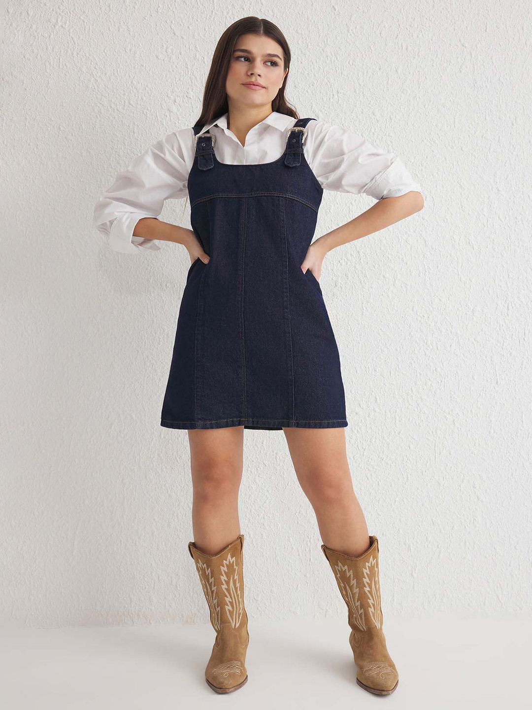 Trendyol Women Koyu Mavi Shoulder Straps Pinafore Dress