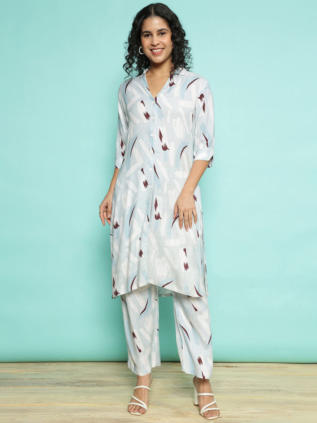 AC&F Printed Collar Neck Top With Trousers Co-Ords