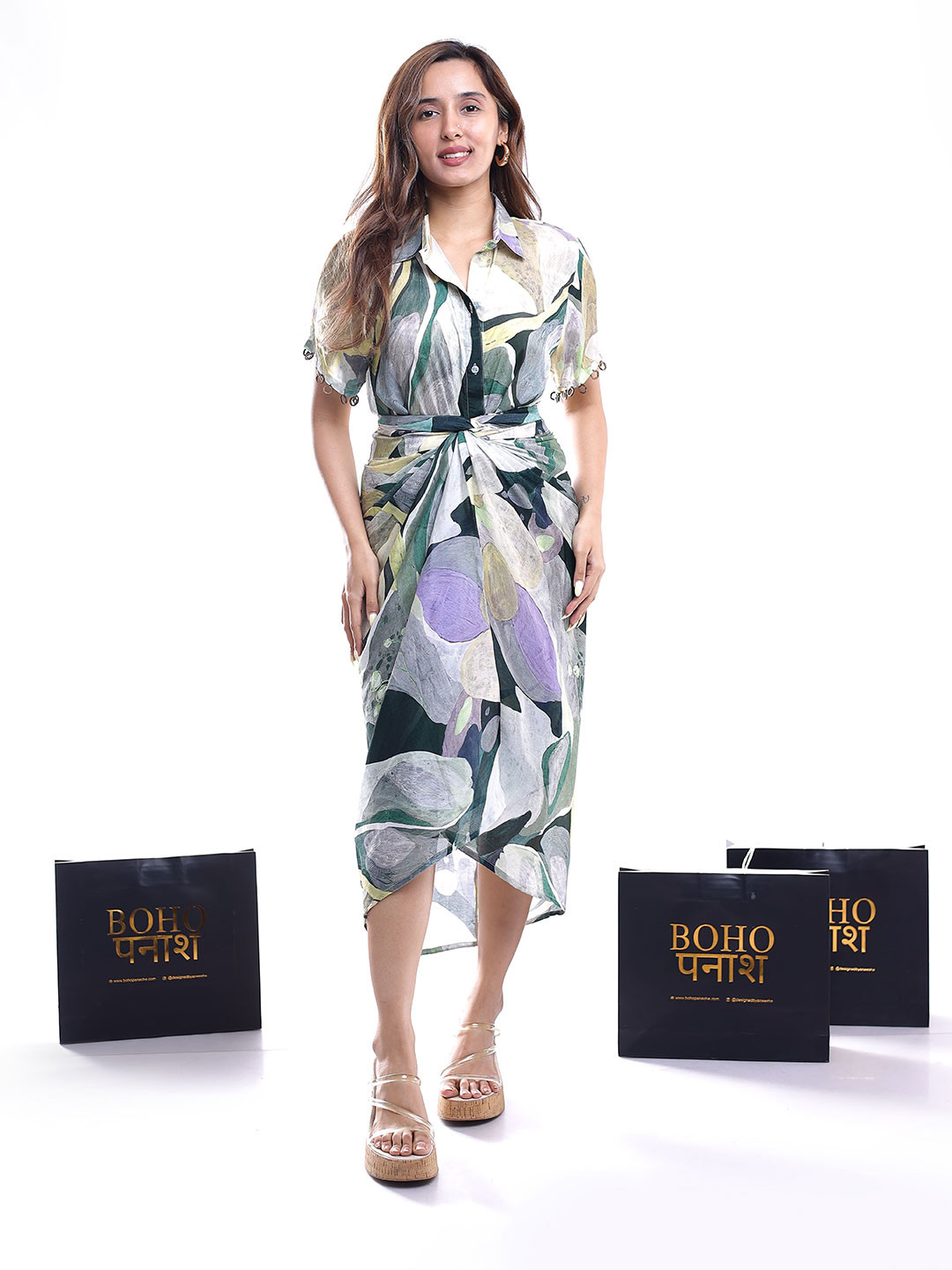 Boho Panache Go Bananza Printed Short Sleeves Shirt With Skirt