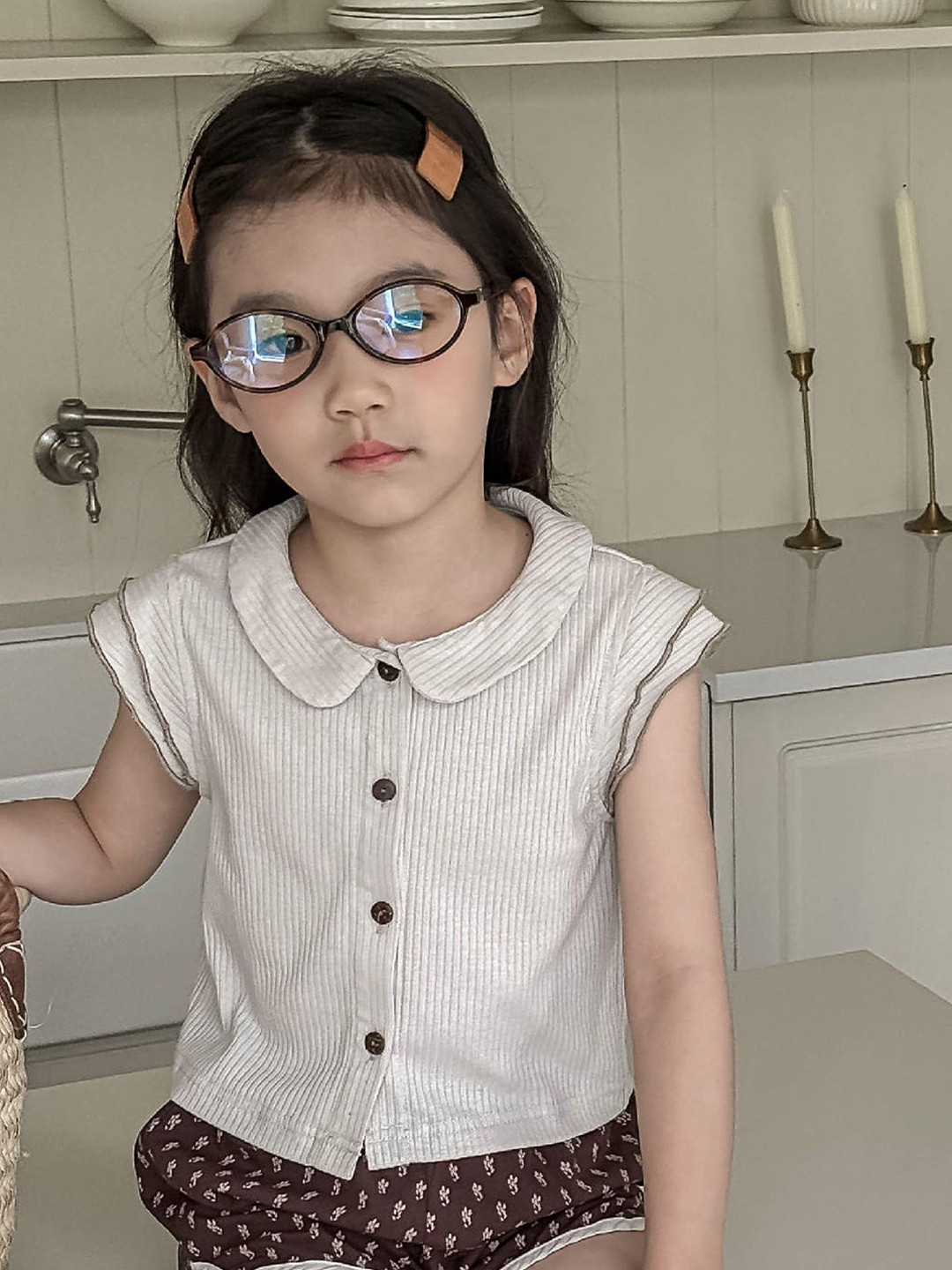 LULU & SKY Girls Ribbed Pattern Peter Pan Collar Cotton Shirt Style Top