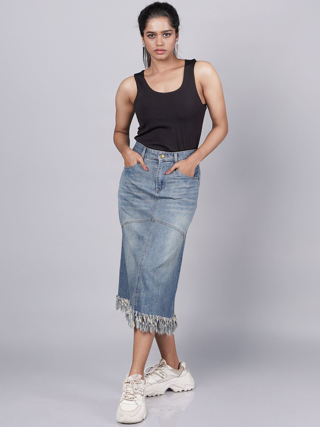 French Theory Silhouette Fringy Denim Midi Skirt