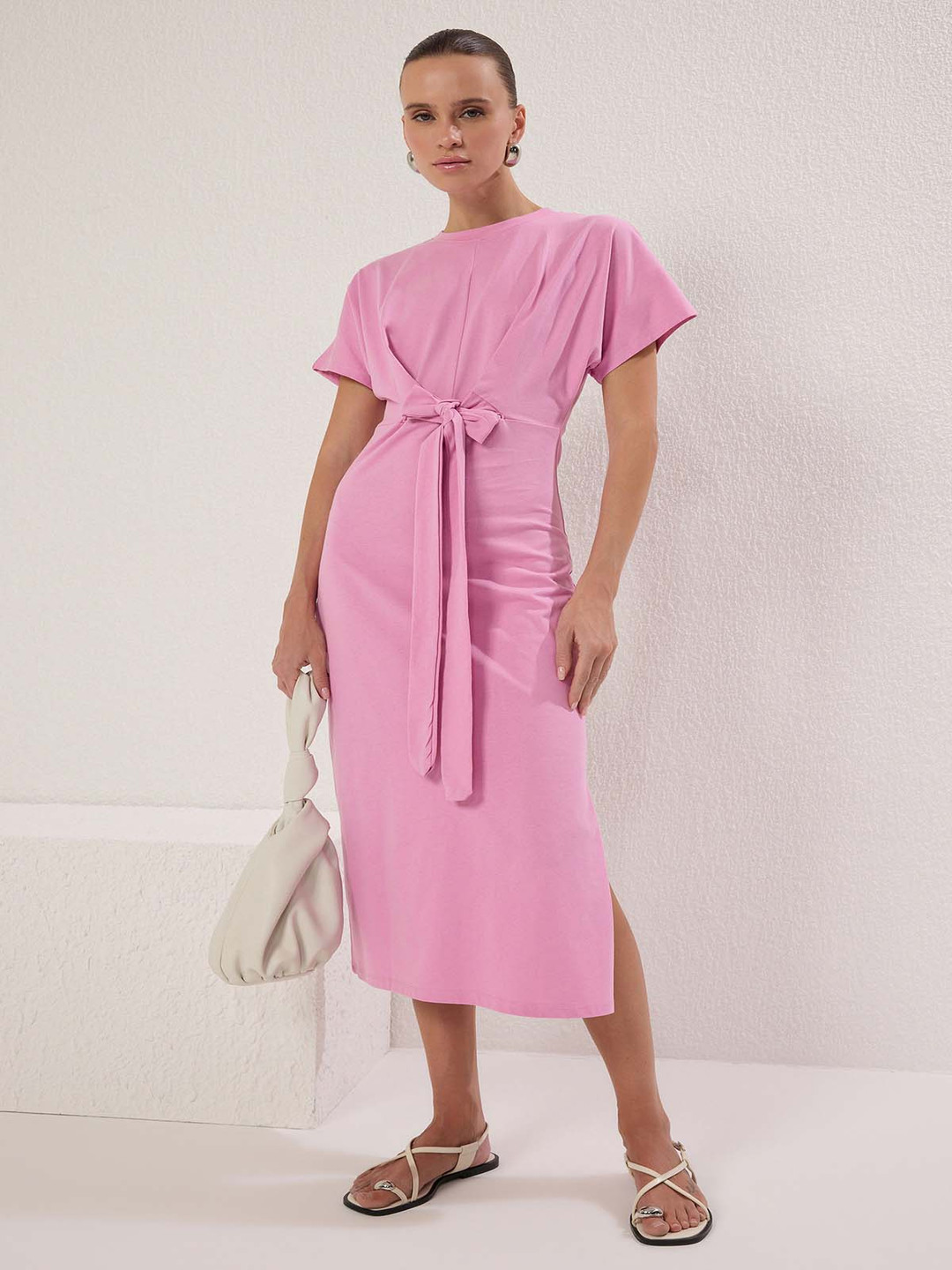 Trendyol Ak Pembe Women Round Neck Cotton A-Line Midi Dress