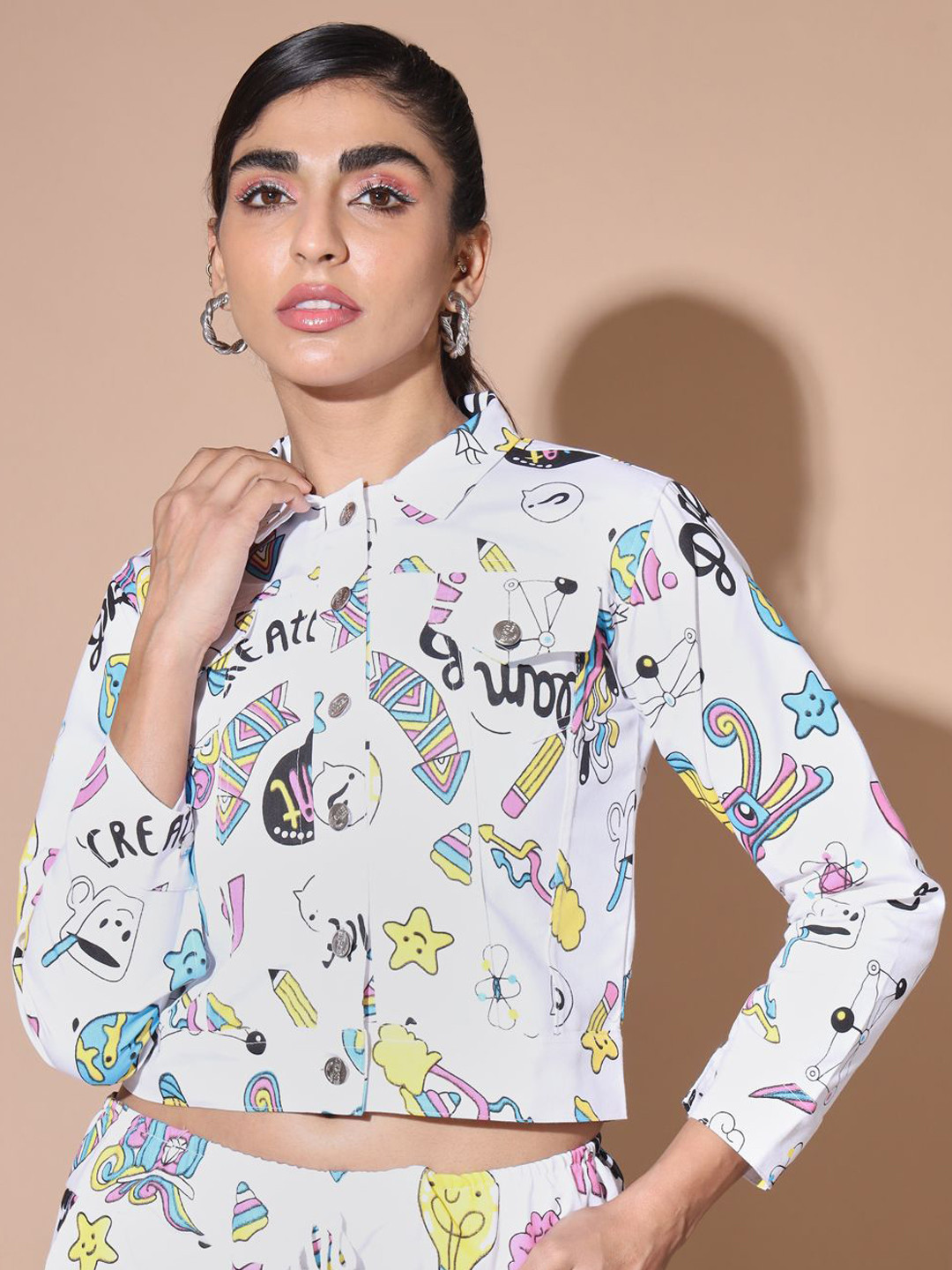 QIOA Toko Twill Conversational Printed Spread Collar Lightweight Denim Jacket