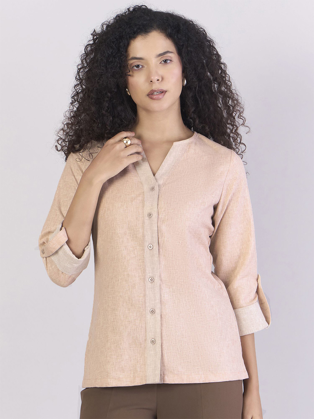 PowerSutra Women Mandarin Collar Roll-Up Sleeves Shirt Style Top