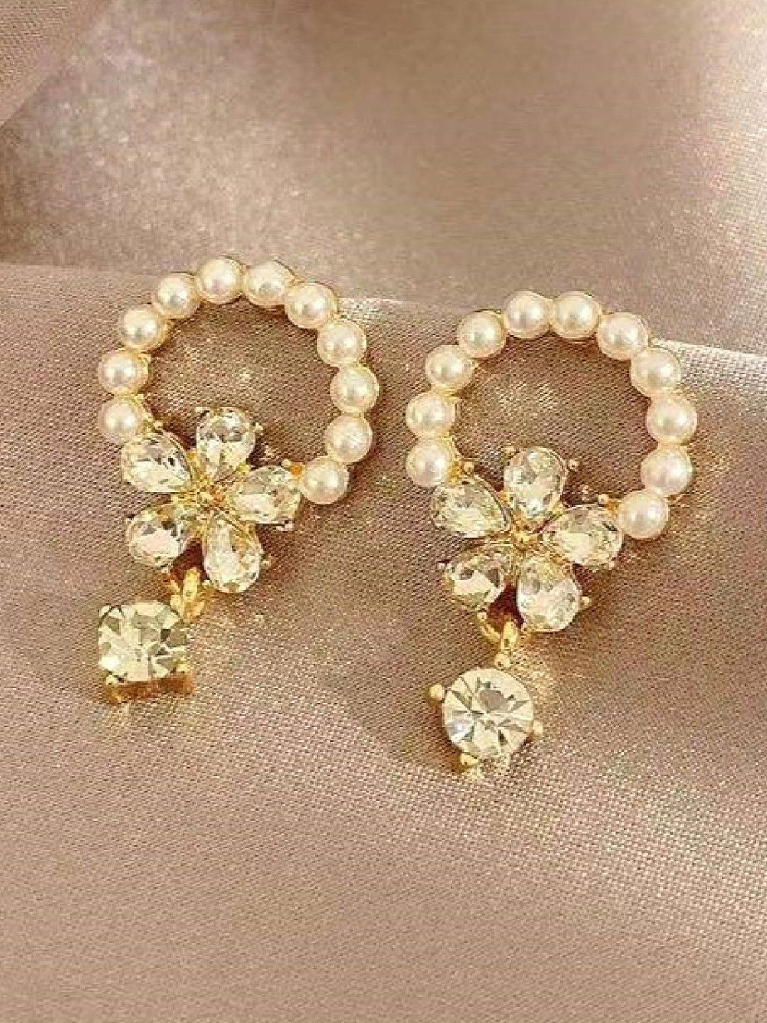 ISHKAARA Women Flower Crystal Contemporary Drop Earrings