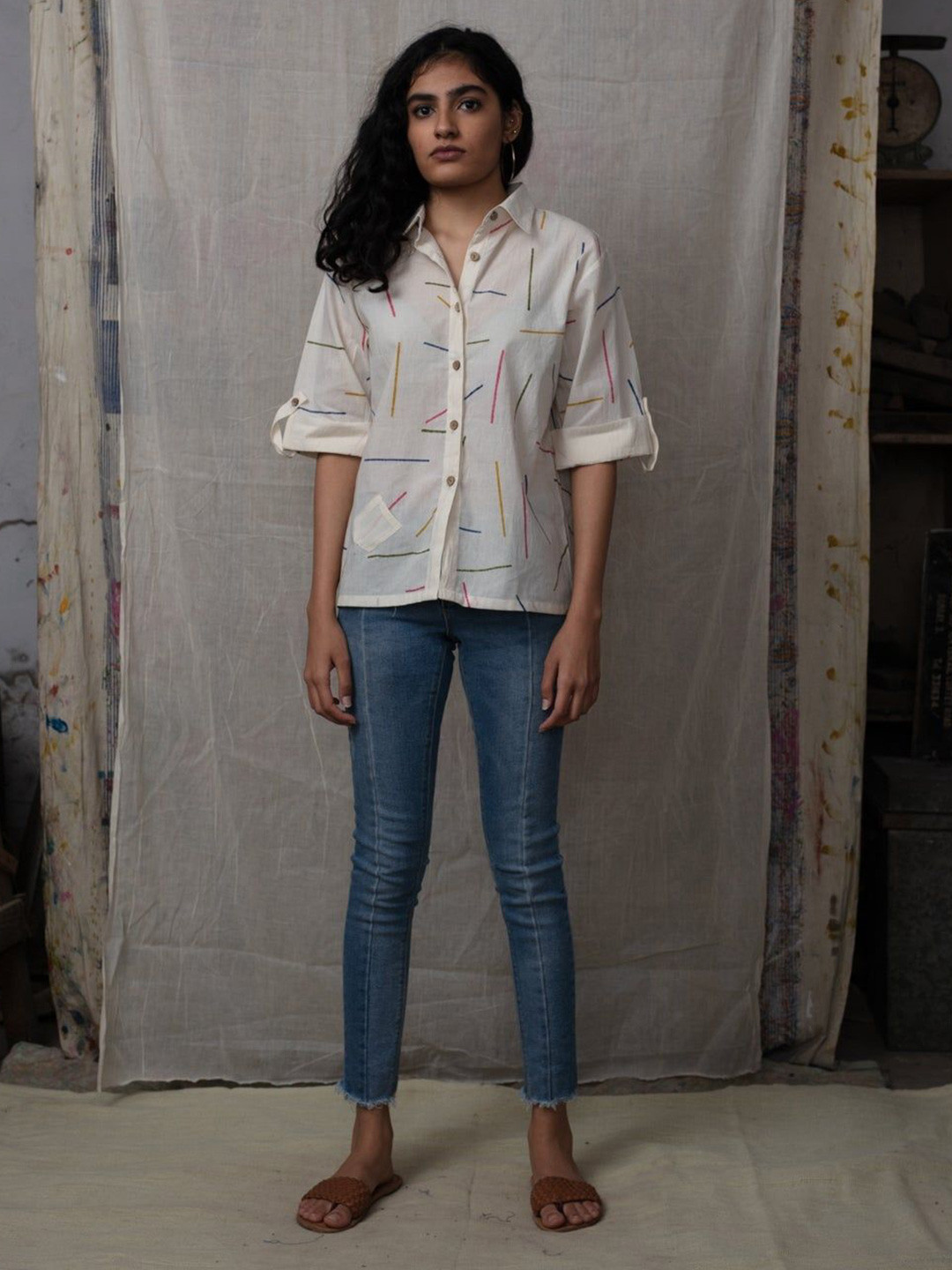 Banana Labs Women Roll-Up Sleeves Cotton Shirt Style Top