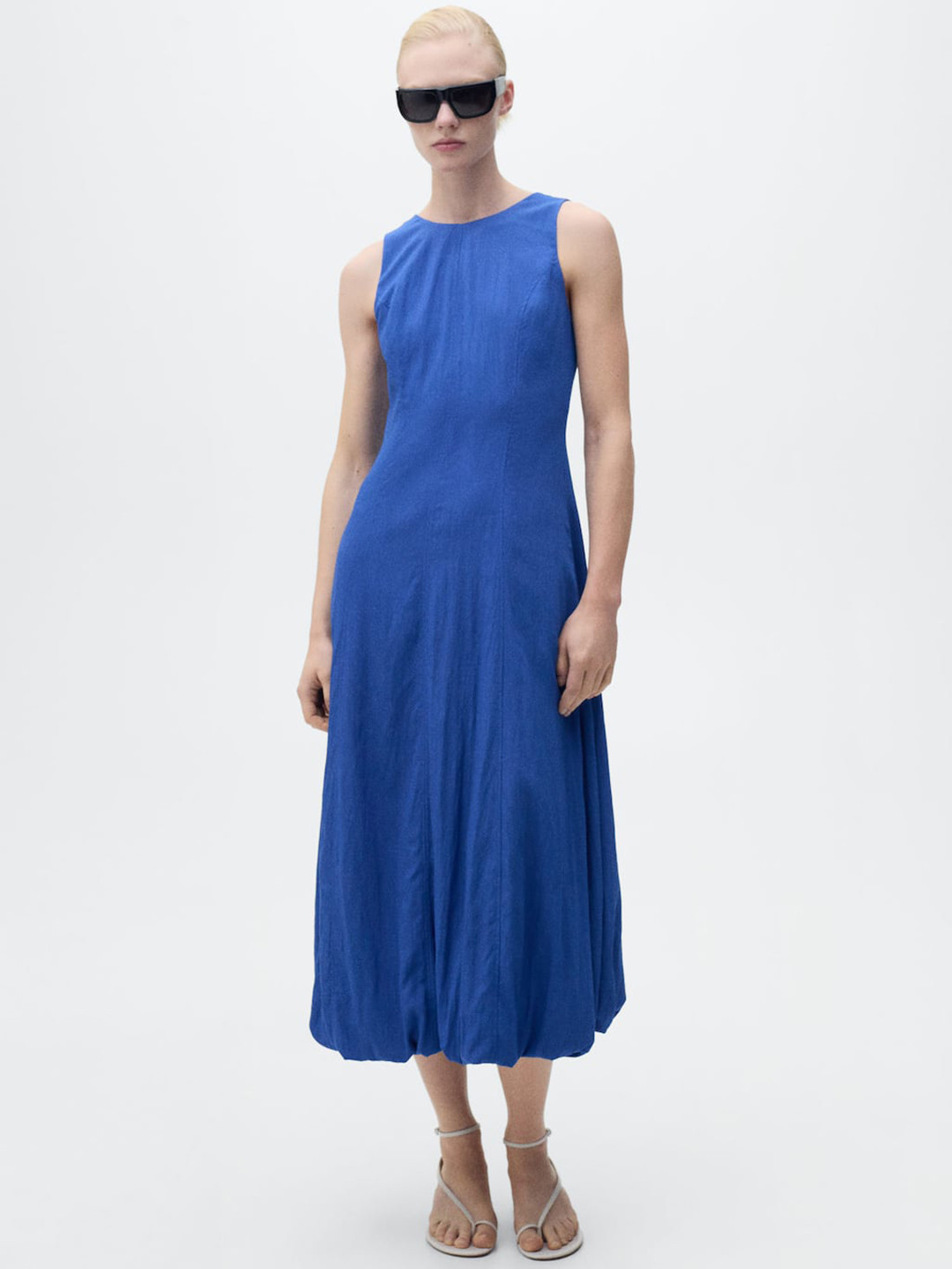 MANGO Round Neck Sleeveless Seamed A-Line Midi Dress with Puffed Hem