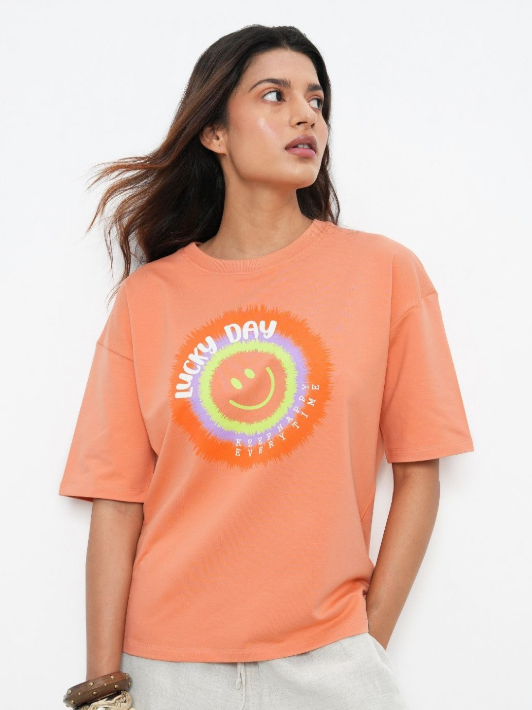 Bonnaty Women Printed Drop-Shoulder Sleeves Oversized T-shirt