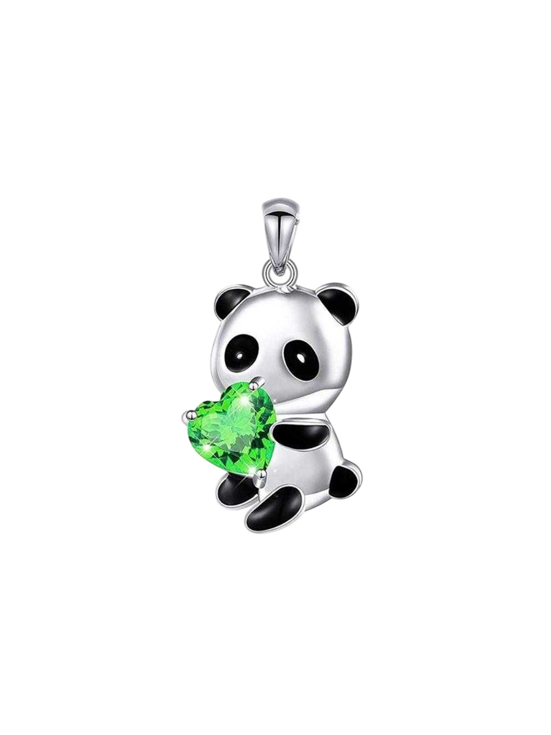 Bling Queen Stainless Steel Silver-Plated Cubic Zircon Studded Panda Pendant With Chain